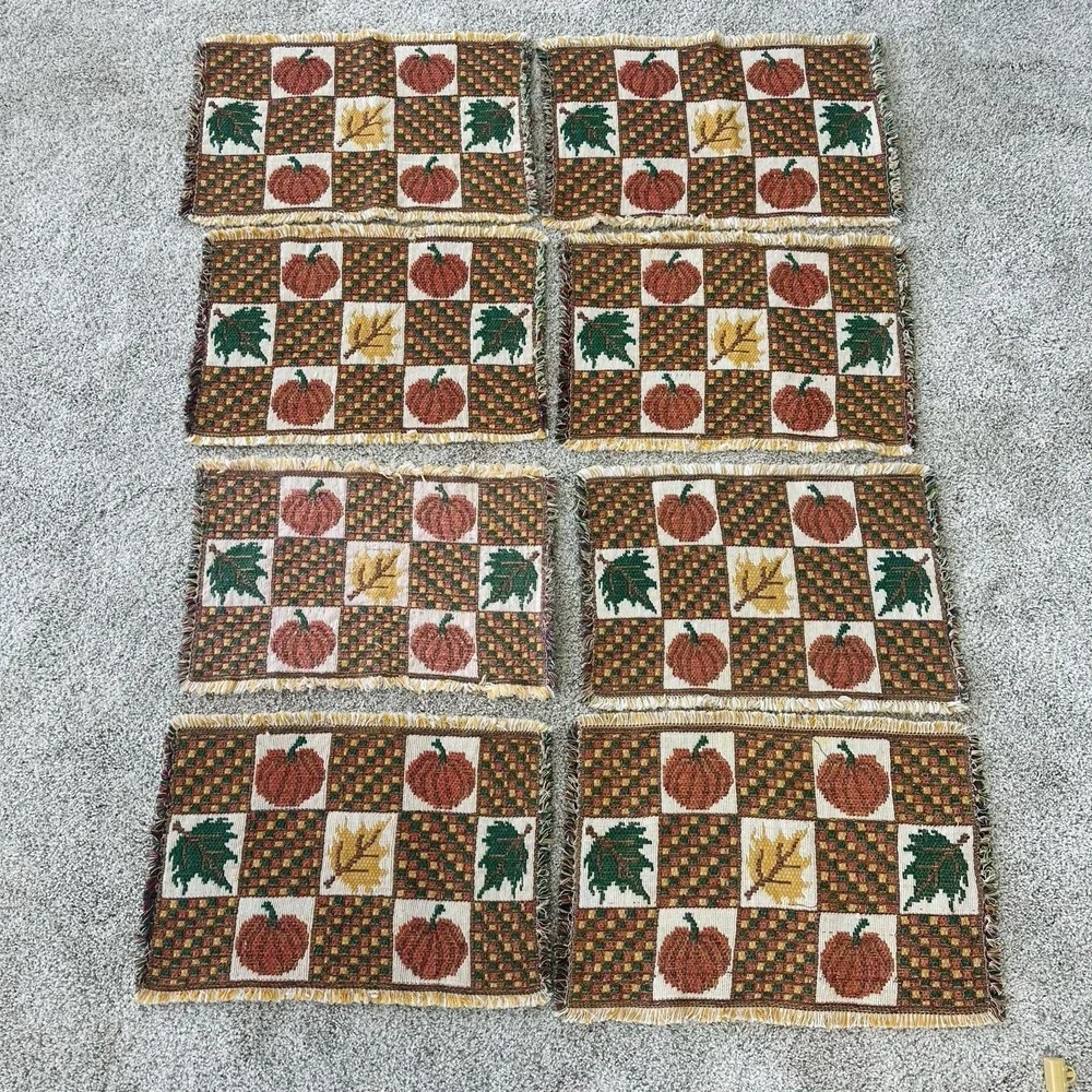 Set Of 8 Windham Weavers Fall Pumpkin Harvest Tapestry Woven‎ Placemats Fringe